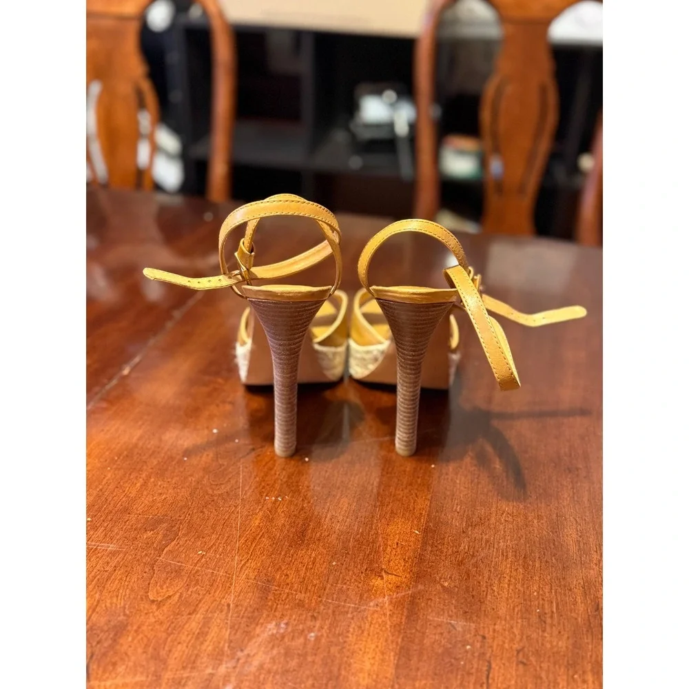 Tory Burch Tan Leather Espadrille Platform Ankle Strap Stiletto Sandals 9.5M
